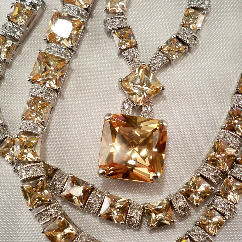 NEW Princess Cut Champagne Cubic Zirconias Silver Designer Necklace